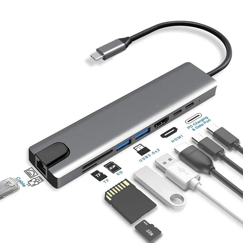 Limitless Multi-Functional 8 in 1 Hub USB 3.1 Type C For 4K HDMI, PD Power Delivery, USB-C, Ethernet, 2 USB, SD/TF Card Reader Compatible with Mac Book Pro XPS and More Type C Devices