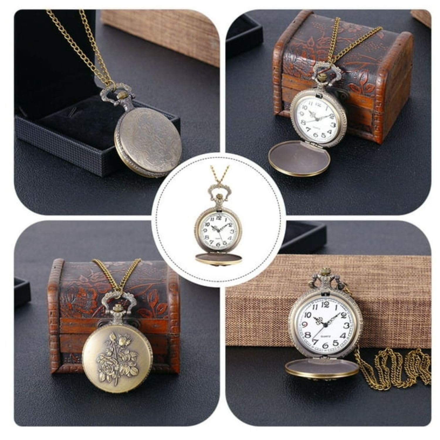 Limitless Bronze Geometric Pocket Watch Necklace - Precise Quartz Movement, Unique Anime One Piece Design, , With 31.5 Inch Chain (Gold)