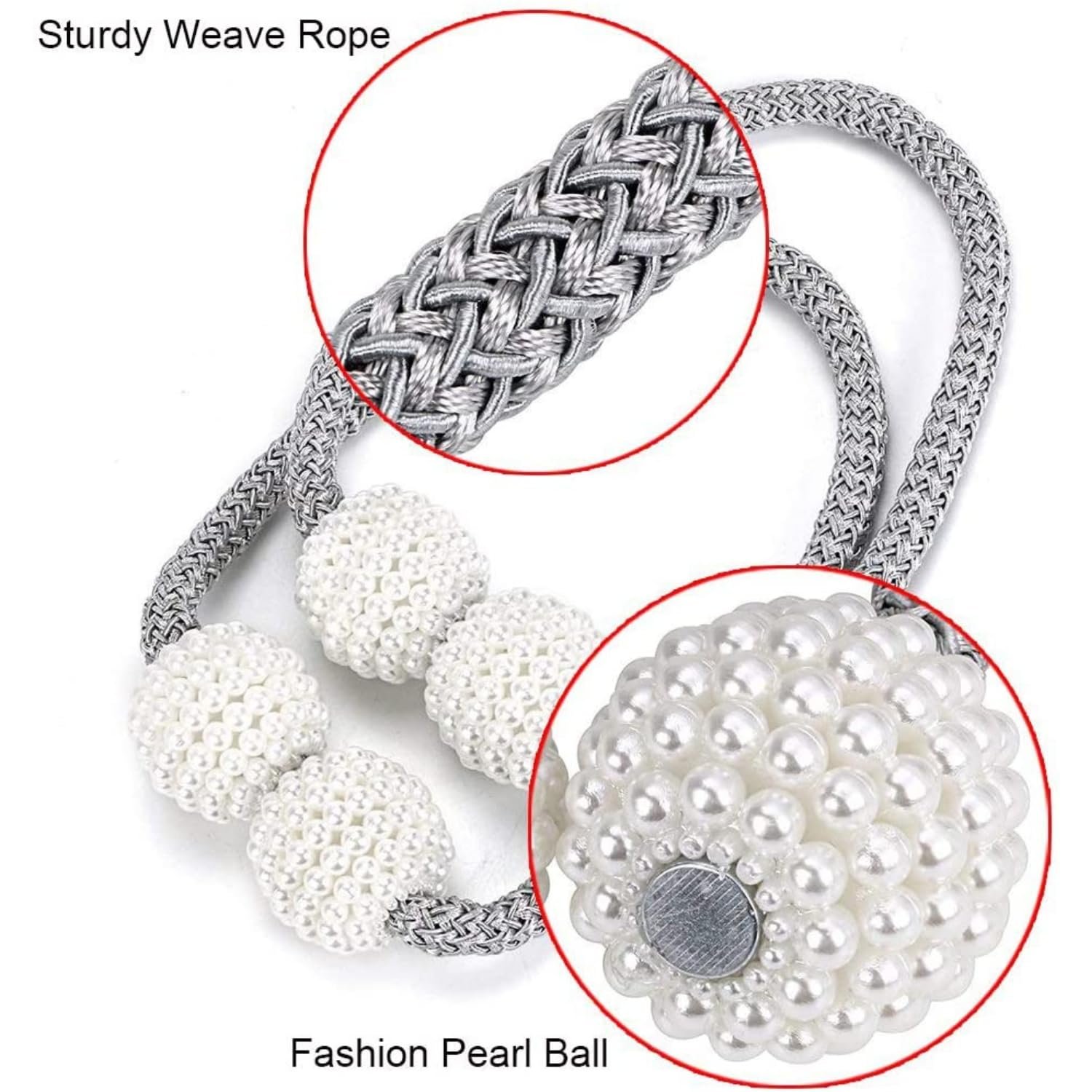 Limitless 2 PCS Magnetic Pearl Curtain Buckle Magnetic European Style Decorative Weave Rope Curtain Rings & Buckles Holder for Window Sheer Blackout Draperies, Braided Straps Ball Buckles, (Blue)