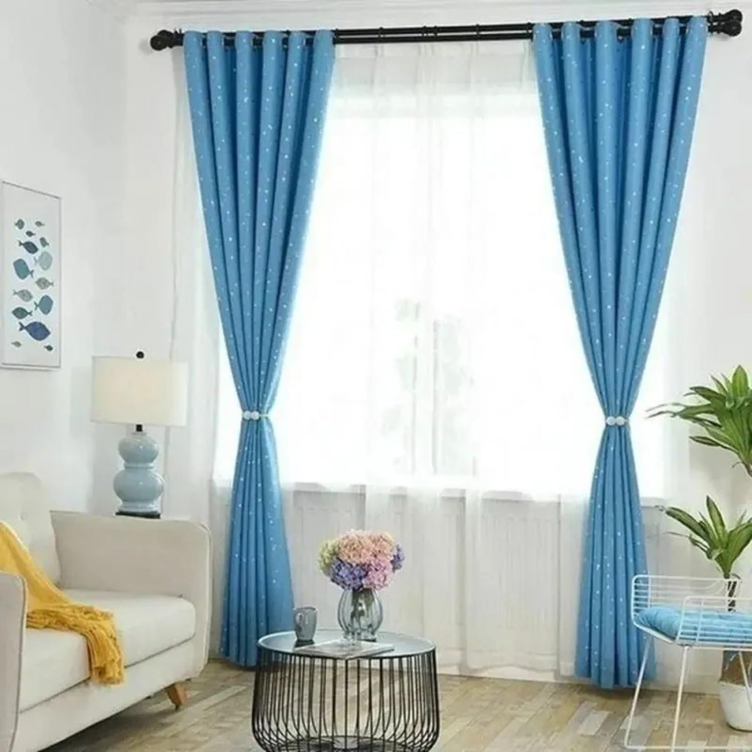 Limitless 2 PCS Magnetic Pearl Curtain Buckle Magnetic European Style Decorative Weave Rope Curtain Rings & Buckles Holder for Window Sheer Blackout Draperies, Braided Straps Ball Buckles, (Blue)
