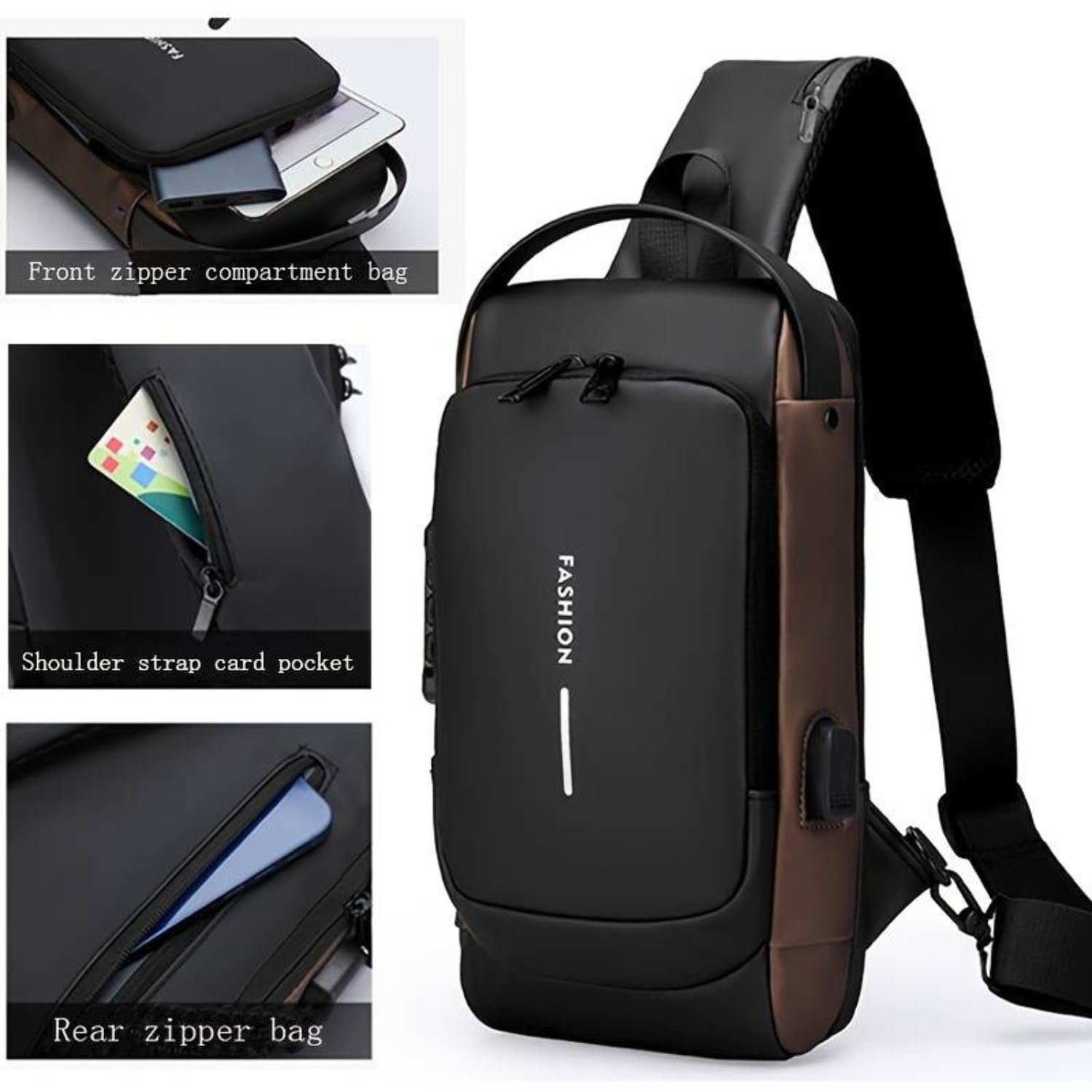 Limitless Men's Sling Shoulder Backpack USB Charging Sport Sling Anti-Theft Shoulder Bag, Waterproof Crossbody Bags Chest Daypack for Hiking Cycling Travelling Outdoor (Black)