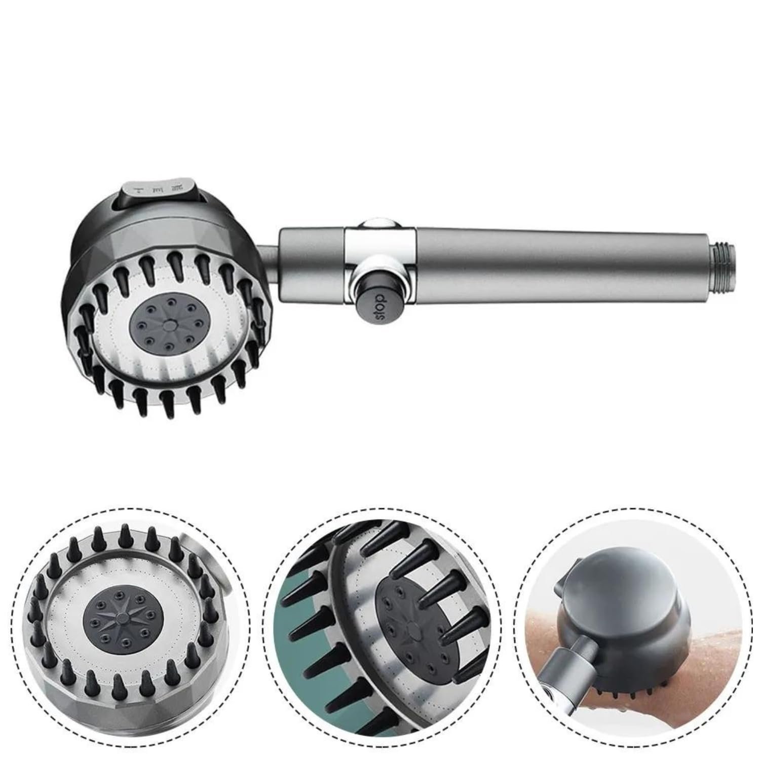 Limitless Head Massage Shower 3 Modes High-Pressure Water Saving Rain Shower Head Adjustable Water Pressure, One-Touch Water Stop Shower Limescale Filter, Black, 25cm