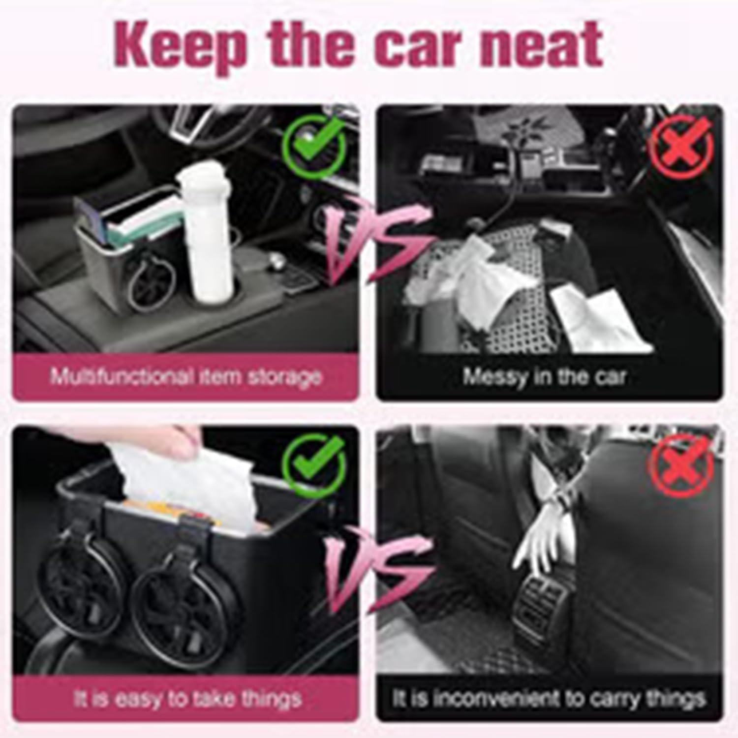 Limitless Car Armrest Storage Box with 2 Coffee Cup Water Drink Holder, Tissue Box holder, Paper Towel, Cell Phone |Black