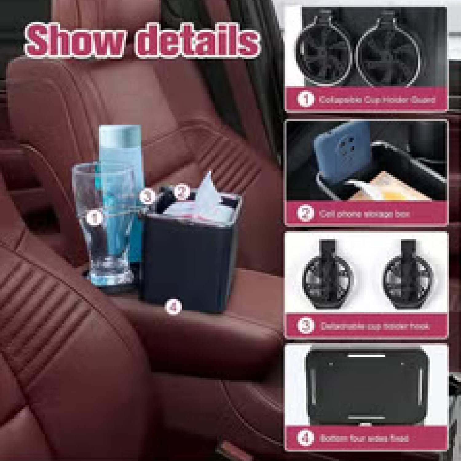 Limitless Car Armrest Storage Box with 2 Coffee Cup Water Drink Holder, Tissue Box holder, Paper Towel, Cell Phone |Black