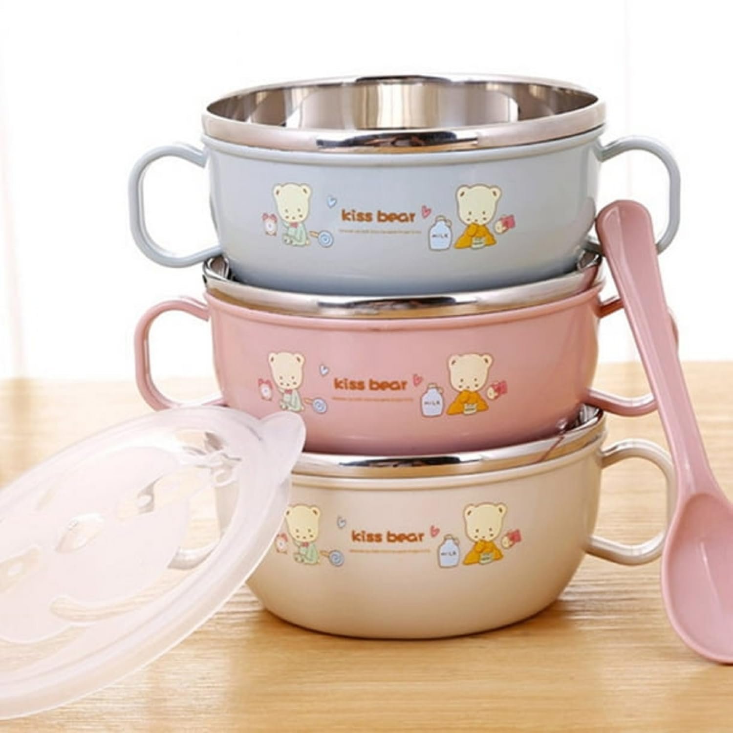 Limitless Double-Handled Children's Bowl Cute Cream Lucky sticker Bowl Home Cartoon Ceramic High Beauty Bowls Dishes Rice Bowls Double Ear Salad Bowls (Blue-2pack)