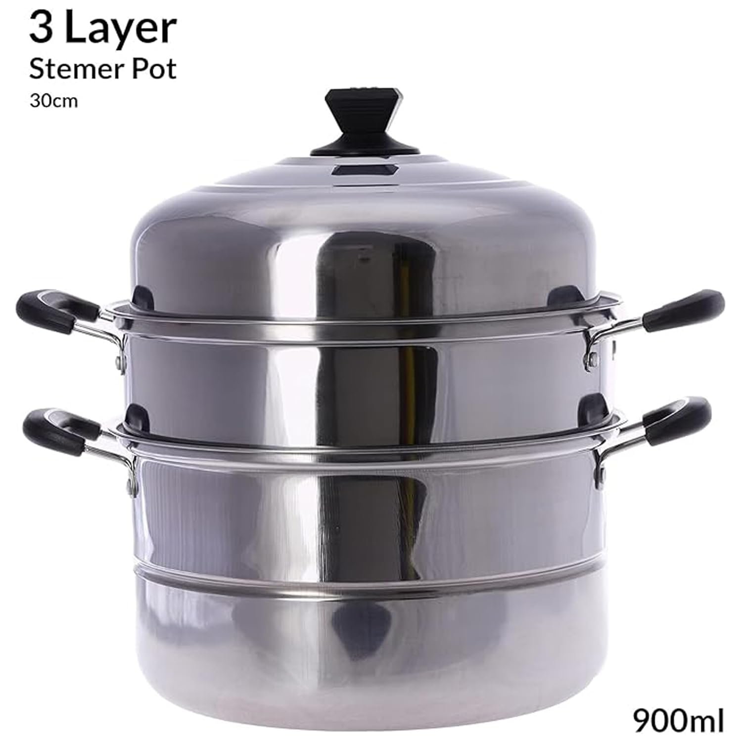 3-Layer Stainless Steel Steamer Pot 30cm,900ml Includes Cooking Pot, Steamer Set for All Cooking Surfaces