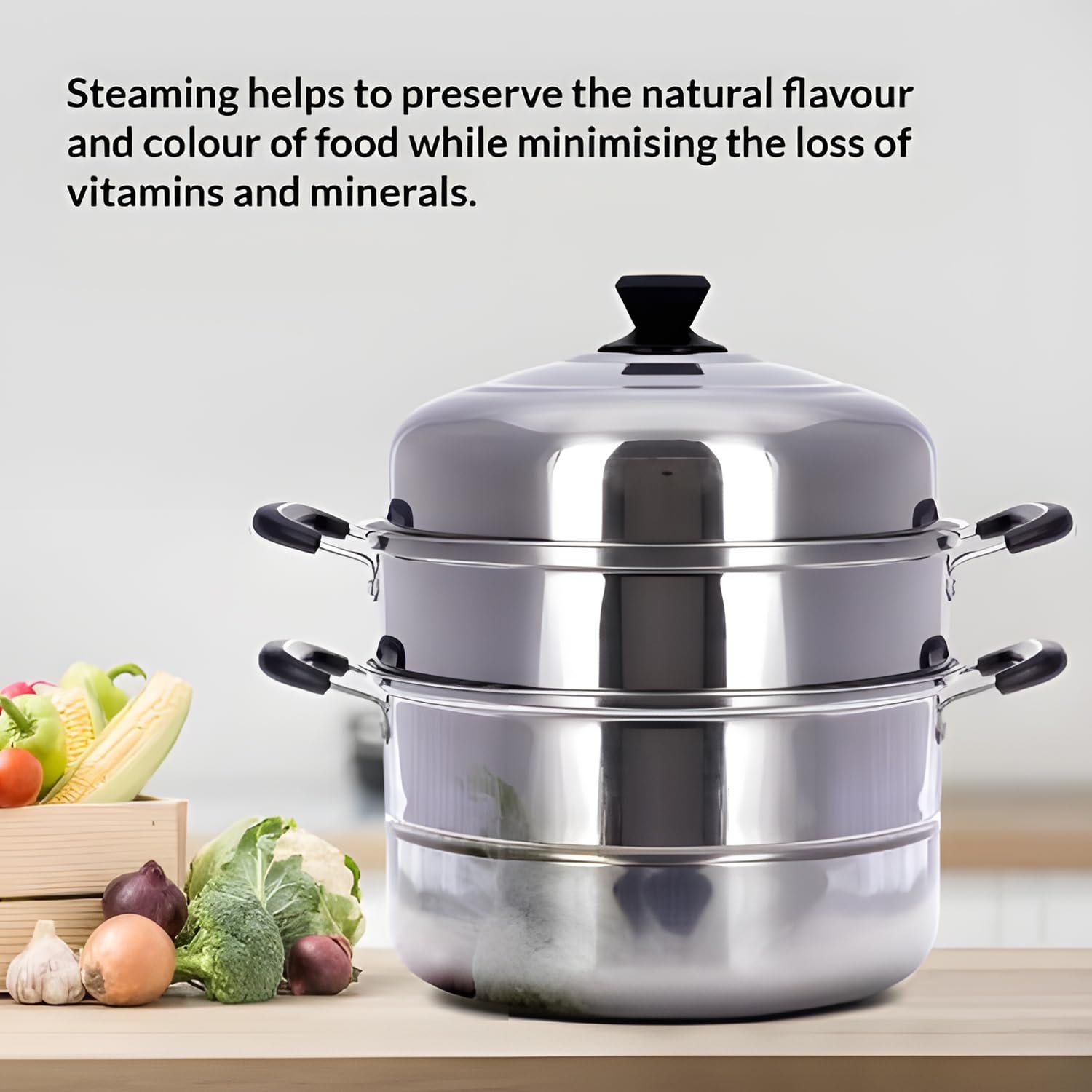 3-Layer Stainless Steel Steamer Pot 30cm,900ml Includes Cooking Pot, Steamer Set for All Cooking Surfaces