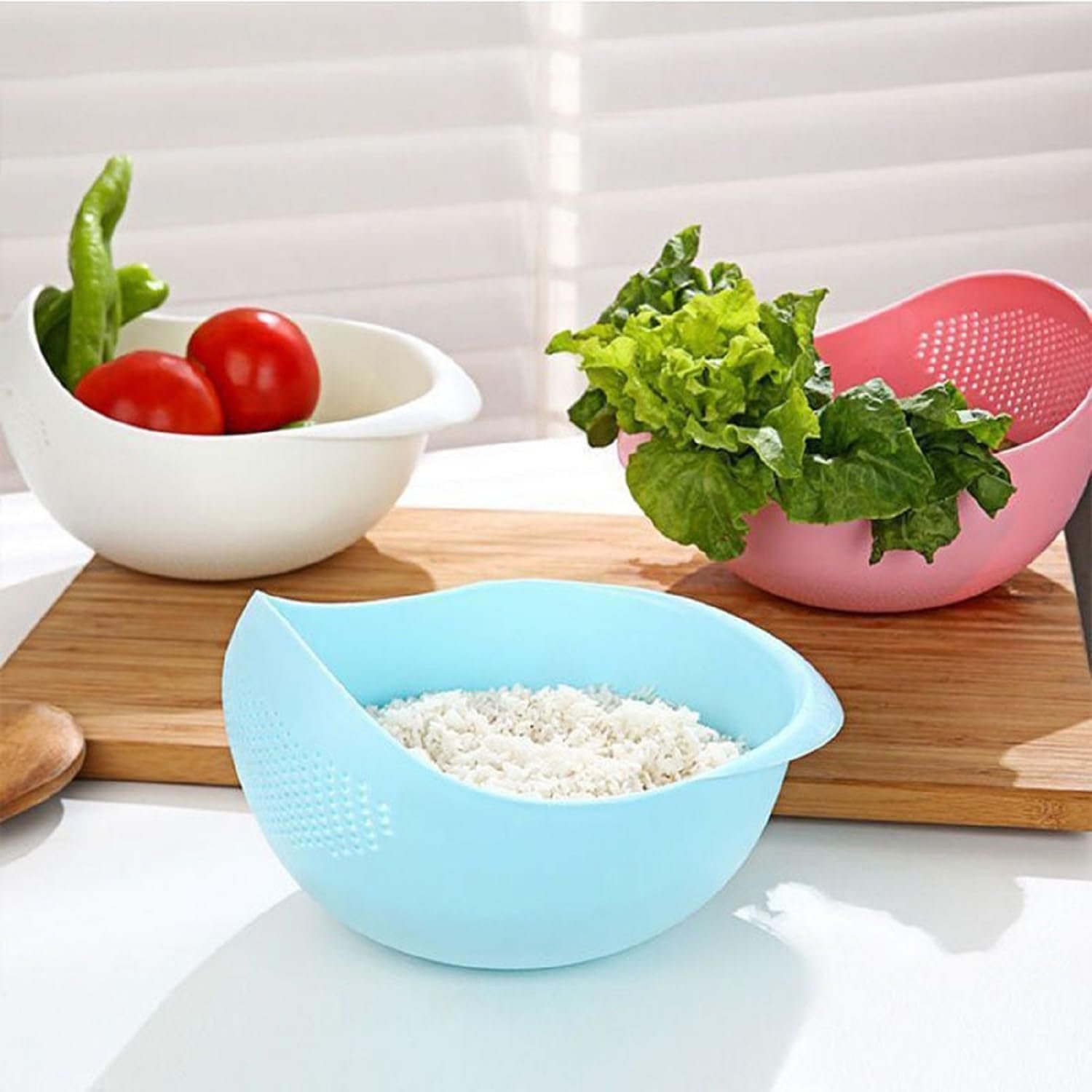 Limitless 2PC Rice Washer Strainer Colander for Cleaning Vegetable, Fruit, Pasta, Steamer Basket, Effortless Rice Washing Colander & Drain Basket with Handles, White & Blue