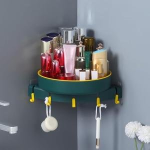 Rotating Bathroom Corner Shelf No-Drill Wall Mount Removable Hooks Plastic Basket