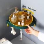 Rotating Bathroom Corner Shelf No-Drill Wall Mount Removable Hooks Plastic Basket