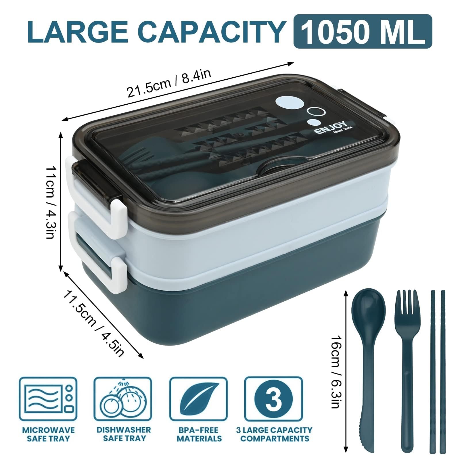 Limitless Lunch Box 1050ml with Sticks, Fork and Spoon,3 Compartments, For Outdoor