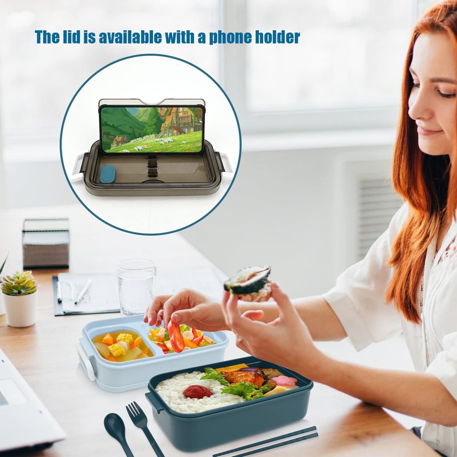 Limitless Lunch Box 1050ml with Sticks, Fork and Spoon,3 Compartments, For Outdoor