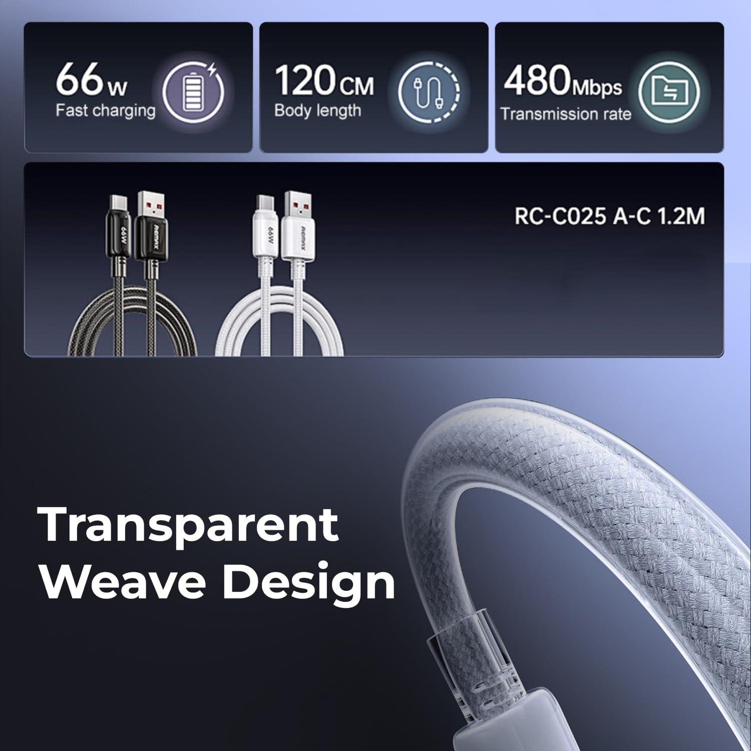 66W Fast Charging Dual-Color Braided Cable, Copper Core, 120cm Length, 480MB/s Rate