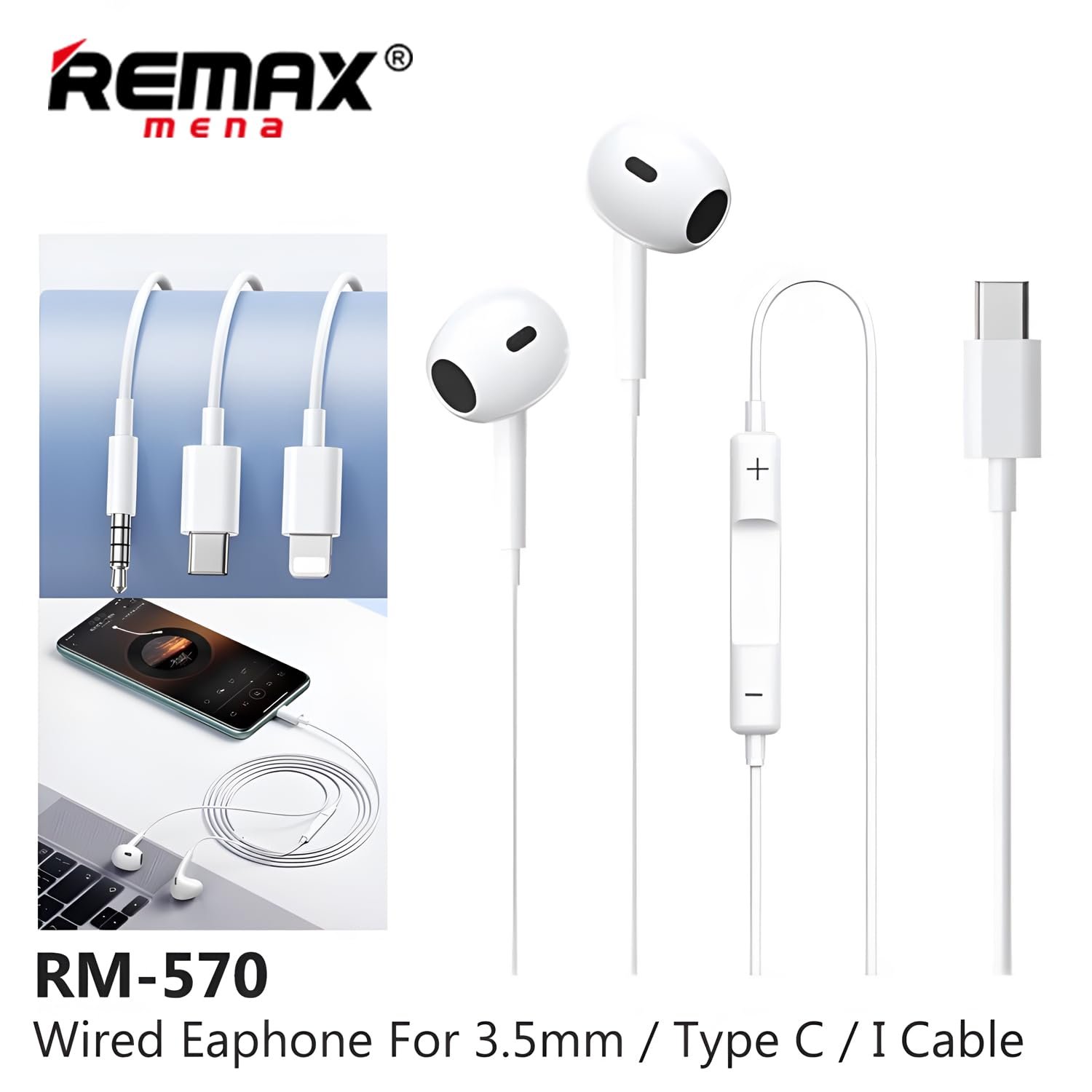 Remax Mena Wired Earphone With Mic Music And Call Headphone, Semi-in-ear Design, Fits Comfortably and Securely in Ear, Durable and Long-Lasting Material, Iphn/Cable - White
