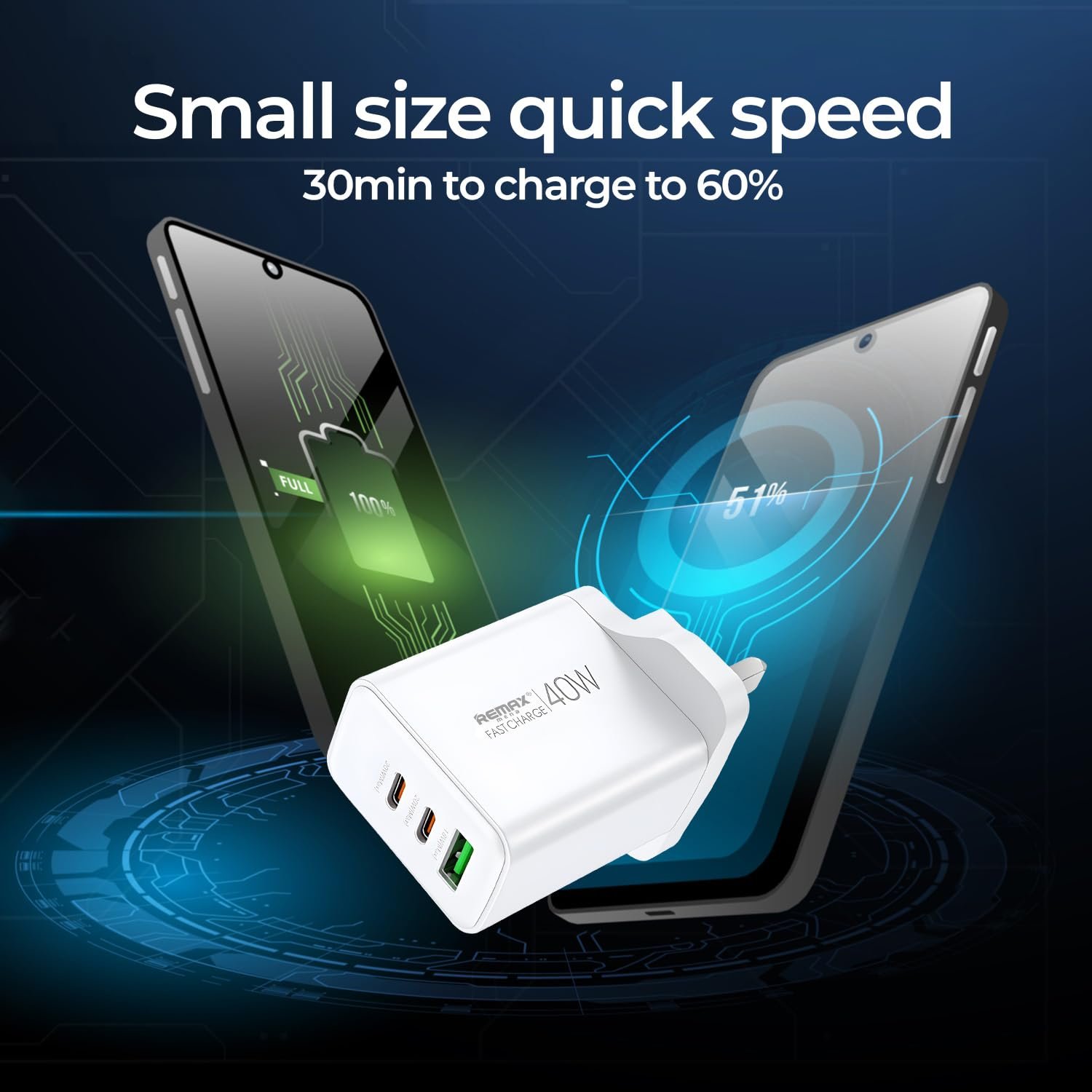 Remax Mena 40W Charger Adapter (1A + 2C) Kiddy Series Charging Fater and Safer, PD 20W Fast Charge, Intelligent Adjustment, Security Chip, ABS-Ultrasonic, Charge 3 Devices at Same Time