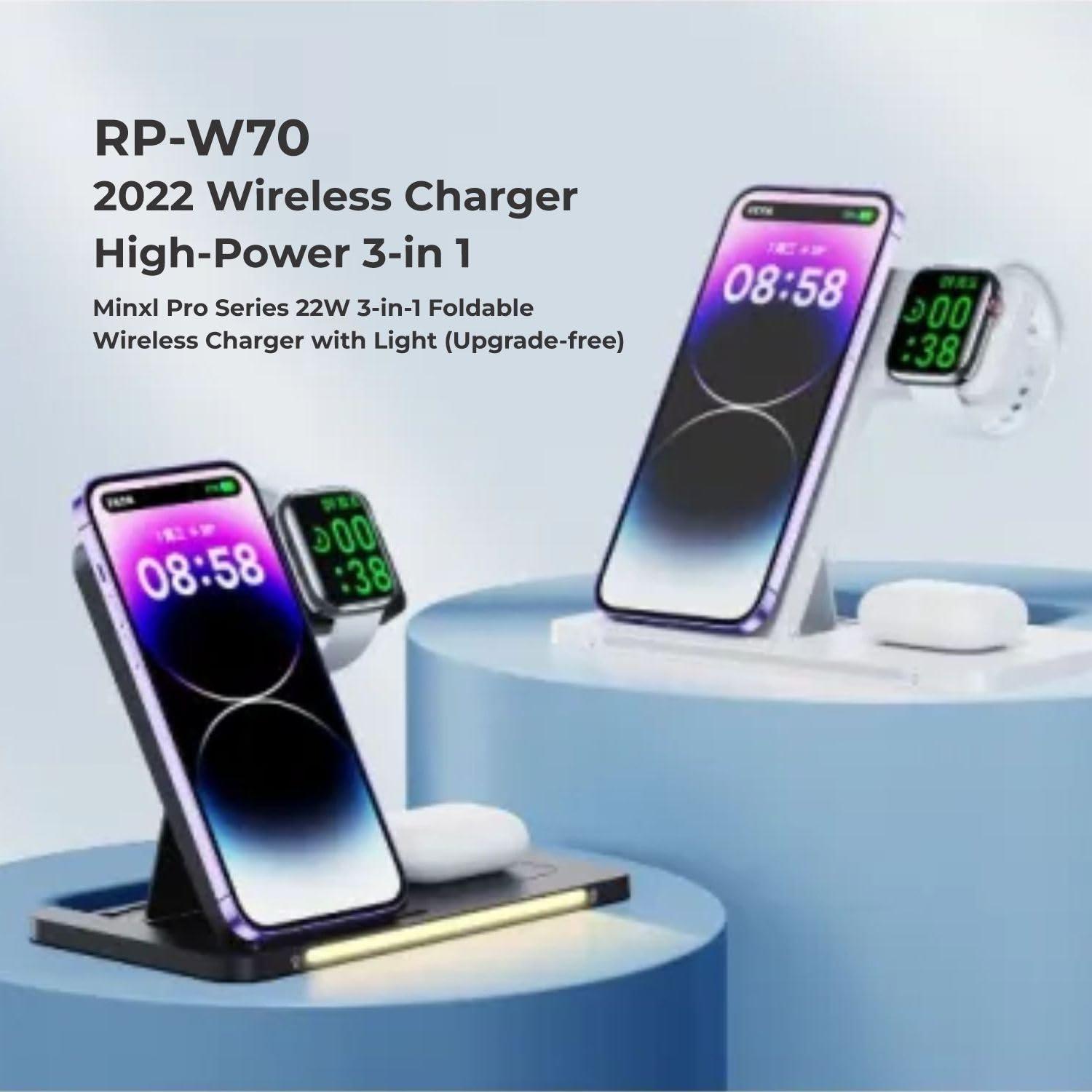 Remax Mena 22W Foldable Wireless Charger (3-in-1) with Light, 15W For Phones, 5W For Earbuds, 2W For Smartwatches, Rotary Design, Night Light 3 Dimming Levels, Tap To Power on/off