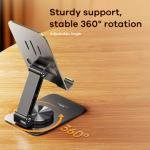 Remax Mena Mobile Phone Holder Metal Stand 360 Rotation, Reversed Charging Port Non-slip Triple Portable Table Phone Holder Foldable Phone Holder for Live Broadcast, Tarnish