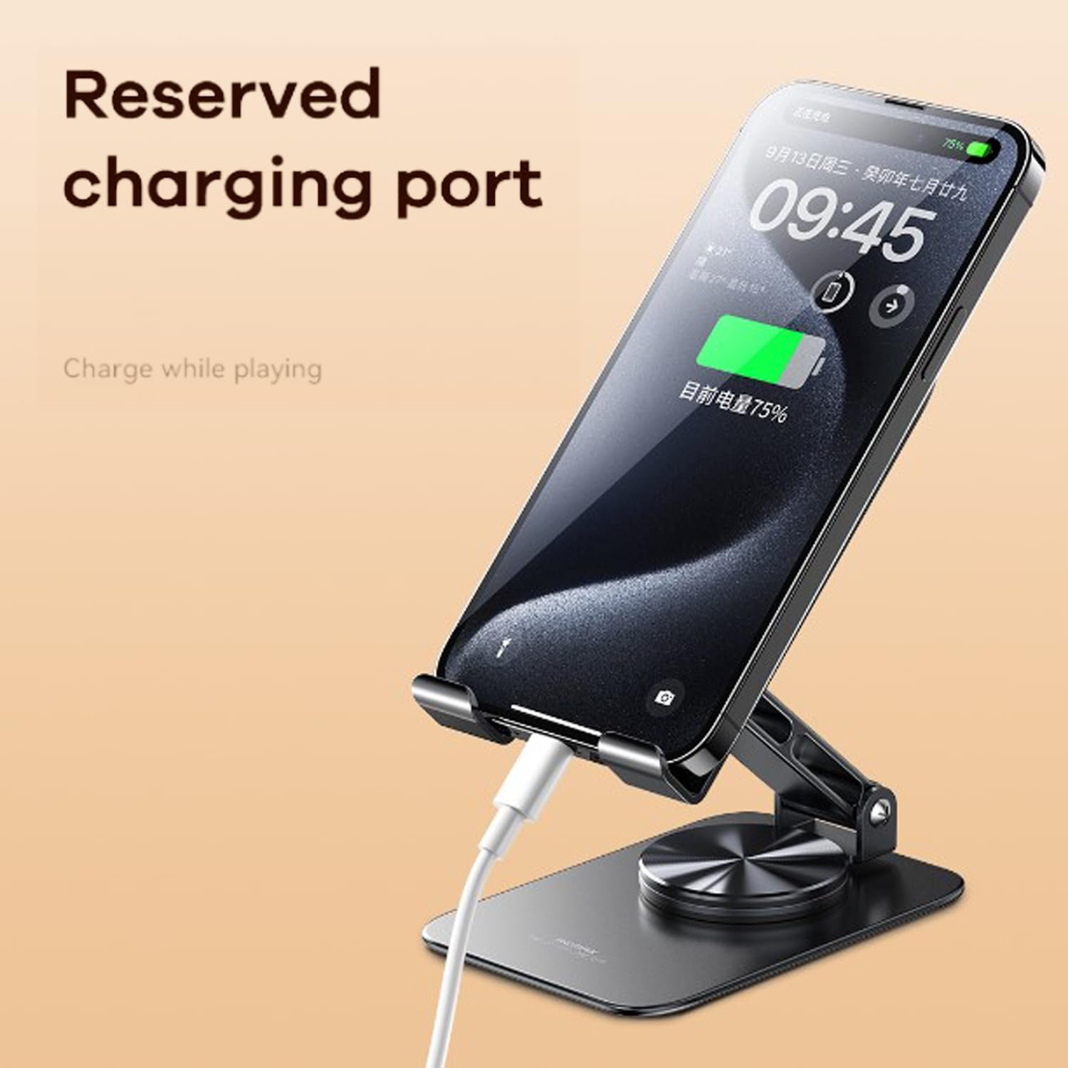 Remax Mena Mobile Phone Holder Metal Stand 360 Rotation, Reversed Charging Port Non-slip Triple Portable Table Phone Holder Foldable Phone Holder for Live Broadcast, Tarnish