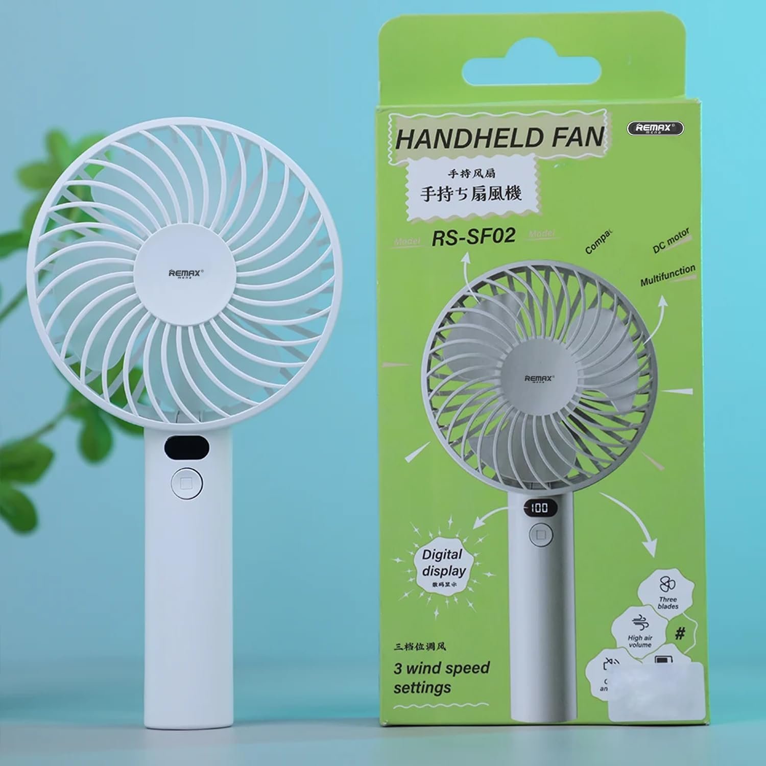 Remax Mena Roiling Handheld Fan RS-SF02 Mini Hand Fan, USB Personal Fan Function Cooling Fan For Travel, Outdoor, Hiking, Camping,White