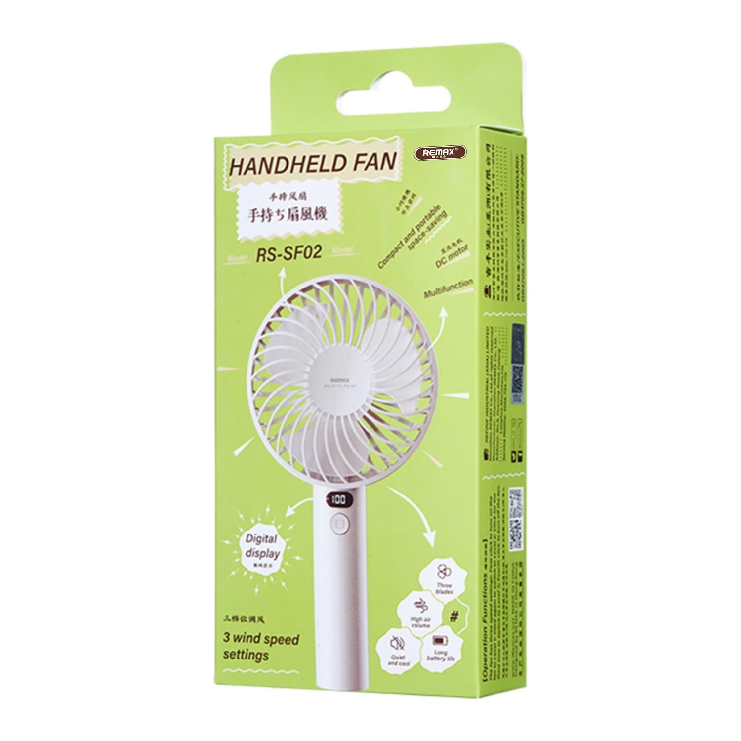 Remax Mena Roiling Handheld Fan RS-SF02 Mini Hand Fan, USB Personal Fan Function Cooling Fan For Travel, Outdoor, Hiking, Camping,White