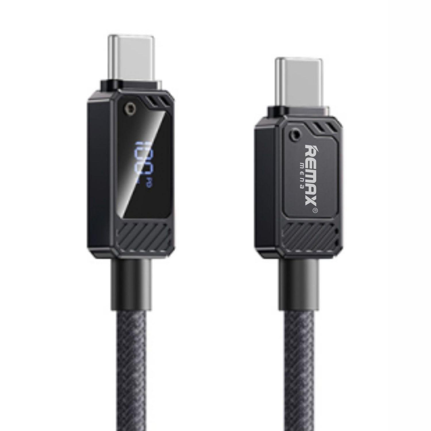 Remax Mena 100W Data Cable With Display (USB-C to Type-C), Fast Charging Zinc-Alloy Braided Elastic Cable with Charging Indicator, Fast Charging + Data Transmission,1.2M Length