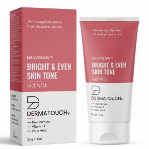 DERMATOUCH Bright & Even Tone Face Wash with Niacinamide, Vitamin E and Kojic Acid | Daily Gentle Face Cleanser For Tan, Pigmentation, Uneven Tone - 30G