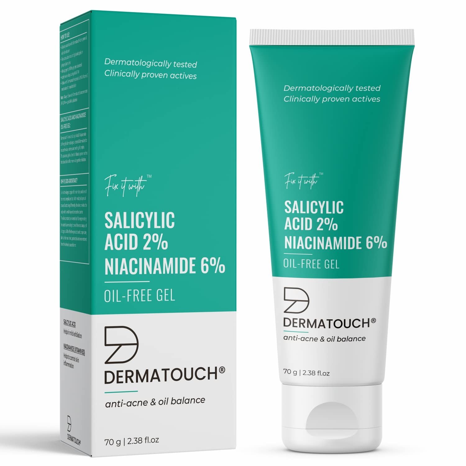 DERMATOUCH Salicylic Acid 2% Niacinamide 6% Anti-Acne Oil-Free Gel For Active Acne, Oil Balancing, Pore Tightening (70 G (Pack Of 1))