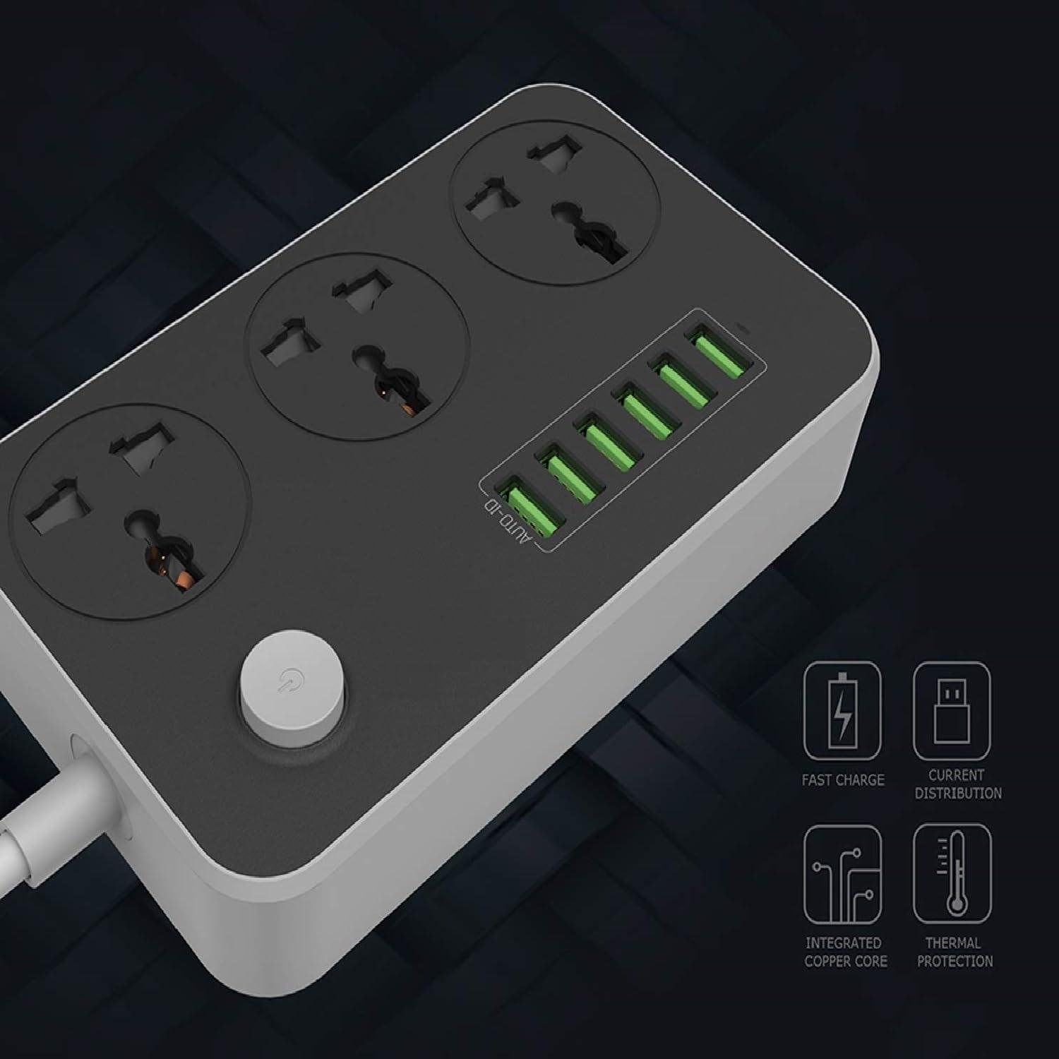 Multi-Plug Extension Socket, 3 Outlets with 6 USB, Universal Power Socket Outlets