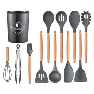 Limitless 12 Pcs Silicone Cooking Utensils Kitchen Utensil Set - 446°F Heat Resistant,Turner Tongs, Spatula, Spoon, Brush, Whisk, Wooden Handle Gray Kitchen Gadgets with Holder for Nonstick Cookware