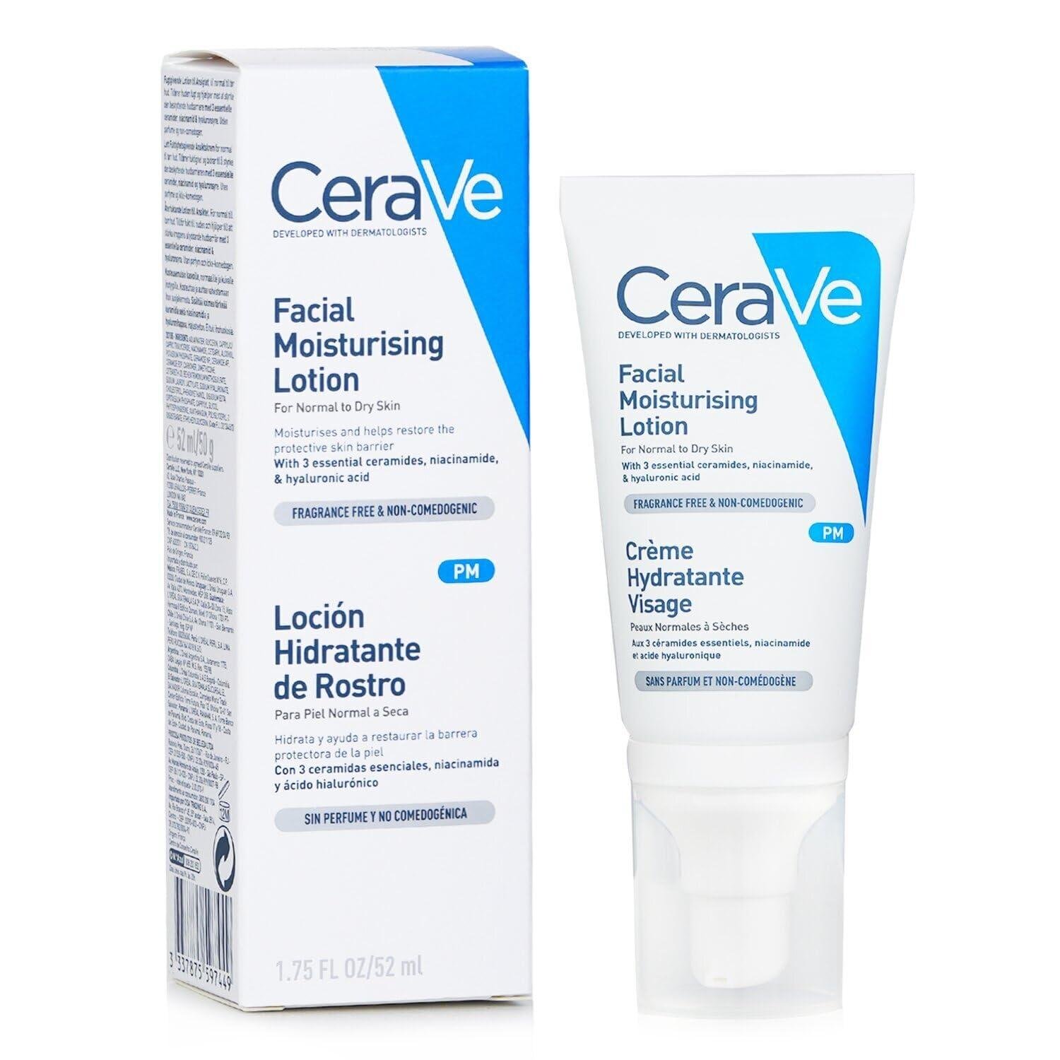 CeraVe PM Facial Moisturizing Lotion | Night Face Moisturizer for Normal to Dry Skin with Hyaluronic acid, Niacinamide and Ceramides | Non-comedogenic, oil-free, Fragrance Free | 1.75Oz,52 ML