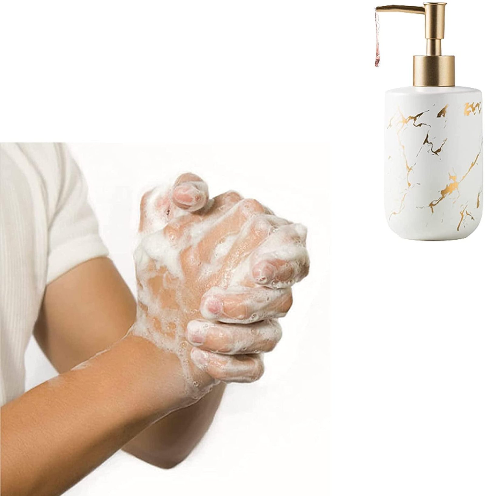 ELECDON Ceramics Soap Dispenser, White Marble Style, Refillable Hand Lotion, Dispenser for Shampoo, Body Wash, Disinfectant, Stylish Home Bath Décor, Bathroom Toilet Press Bottle (300ML White)