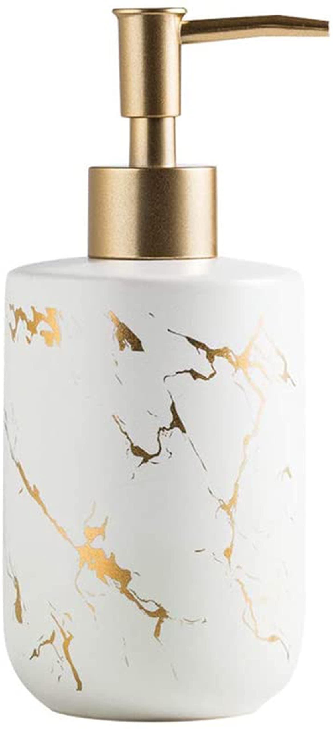 ELECDON Ceramics Soap Dispenser, White Marble Style, Refillable Hand Lotion, Dispenser for Shampoo, Body Wash, Disinfectant, Stylish Home Bath Décor, Bathroom Toilet Press Bottle (300ML White)