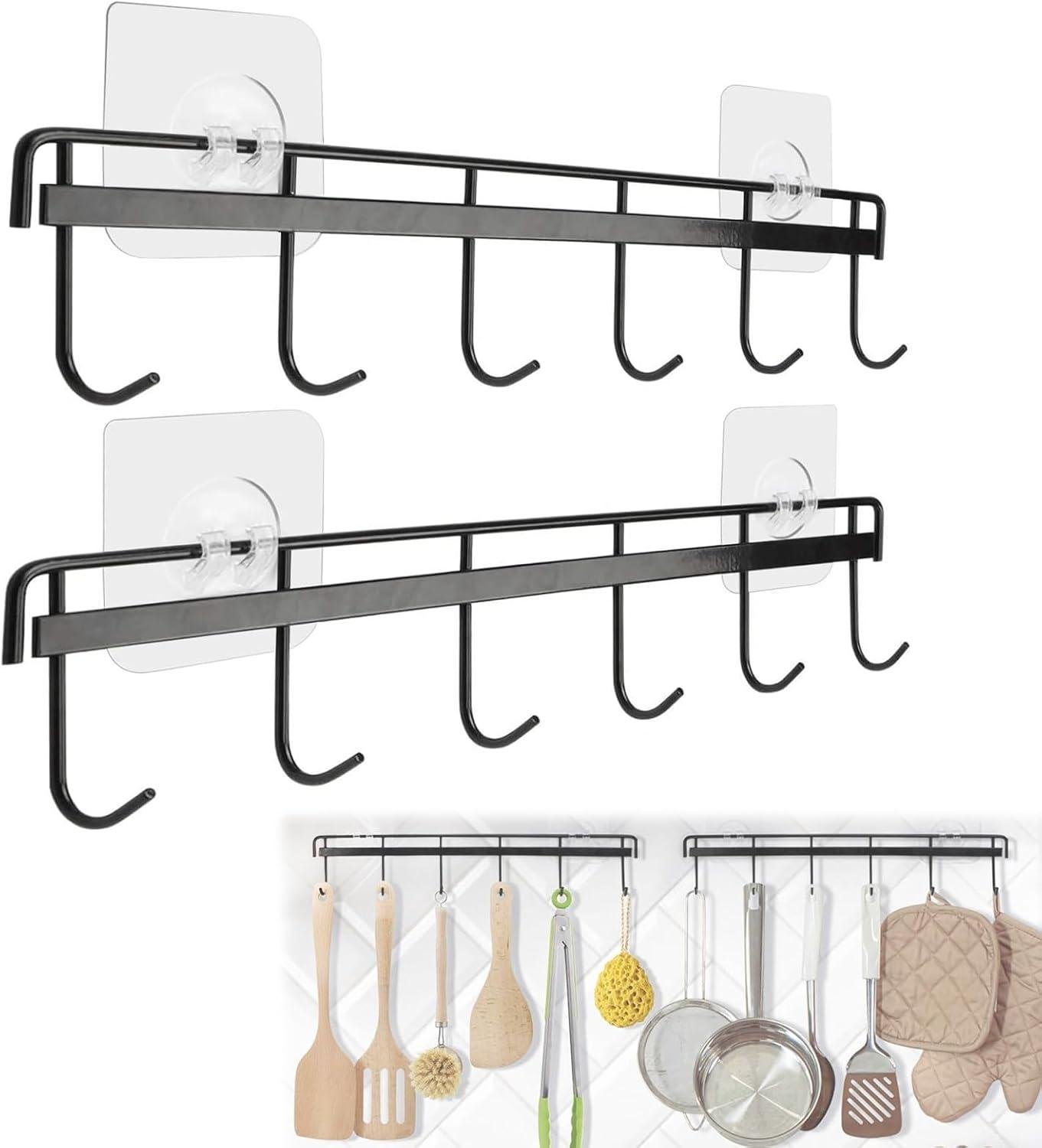 Kitchen Utensil Hooks, Utensil Hangers with 6 Hooks Space Saving No Drilling Waterproof Wall Hook for Kitchen Bathroom Bedroom Black(2 Pack)