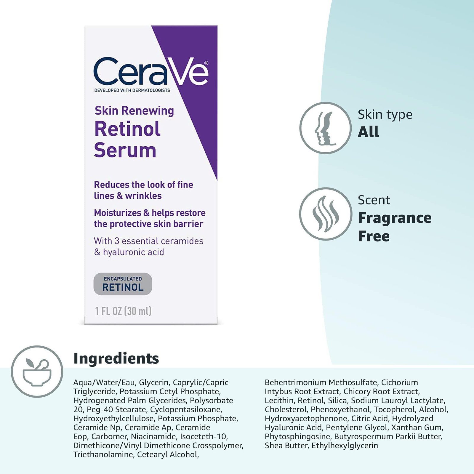 CeraVe Anti Aging Retinol Serum 1 Ounce Cream Serum for Smoothing Fine Lines and Skin Brightening Fragrance Free, 1 Fl Oz (Pack of 1)