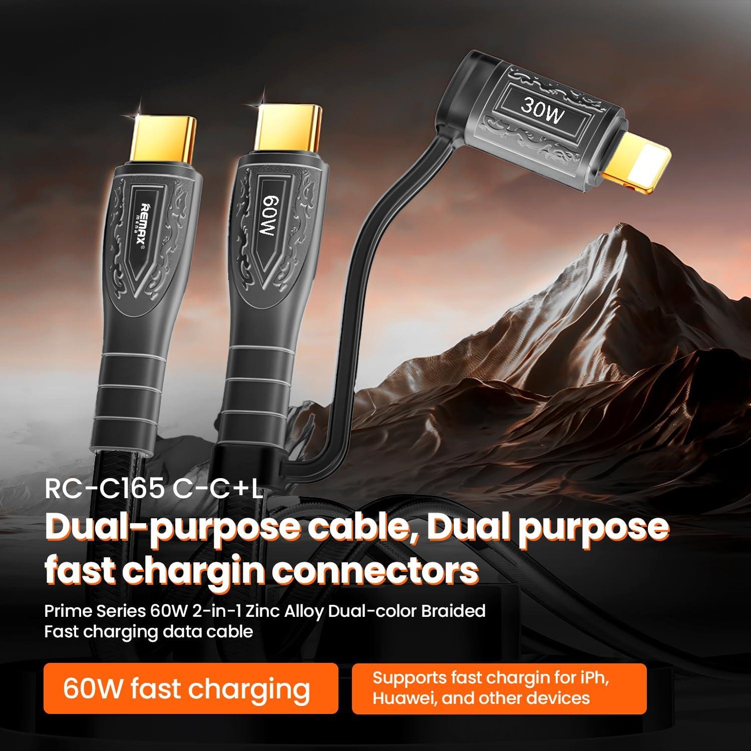 60W 2-in-1 Data Cable Multi Charging (60W C-C & 30W C-L) Fast Charging, 1.2M Braided