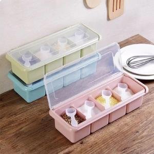 Limitless 4 Grid Seasoning Box Spice Jar Multi Grid Seasoning Rack Container for Household Kitchen Jar Cruet Kitchen Salt Box for Spices Herbs in Assorted Color
