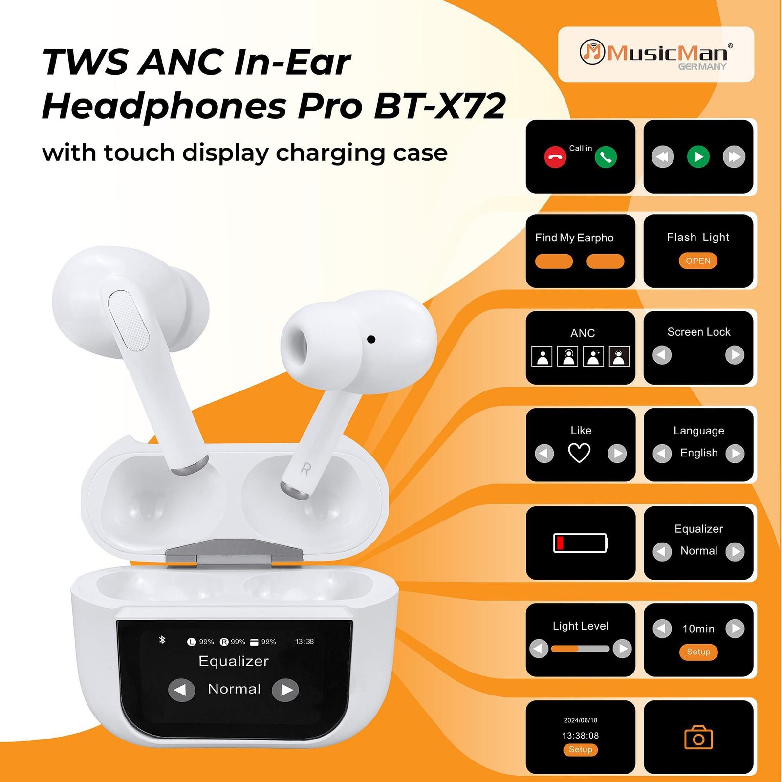 MusicMan Pro ANC Wireless Bluetooth 5.3 Earbuds, TWS Earphones with Touch Screen Type-C Charging Case for Up to 4 Charges, Built-in Microphone, Immersive Sound - Lightweight In-Ear Headphones