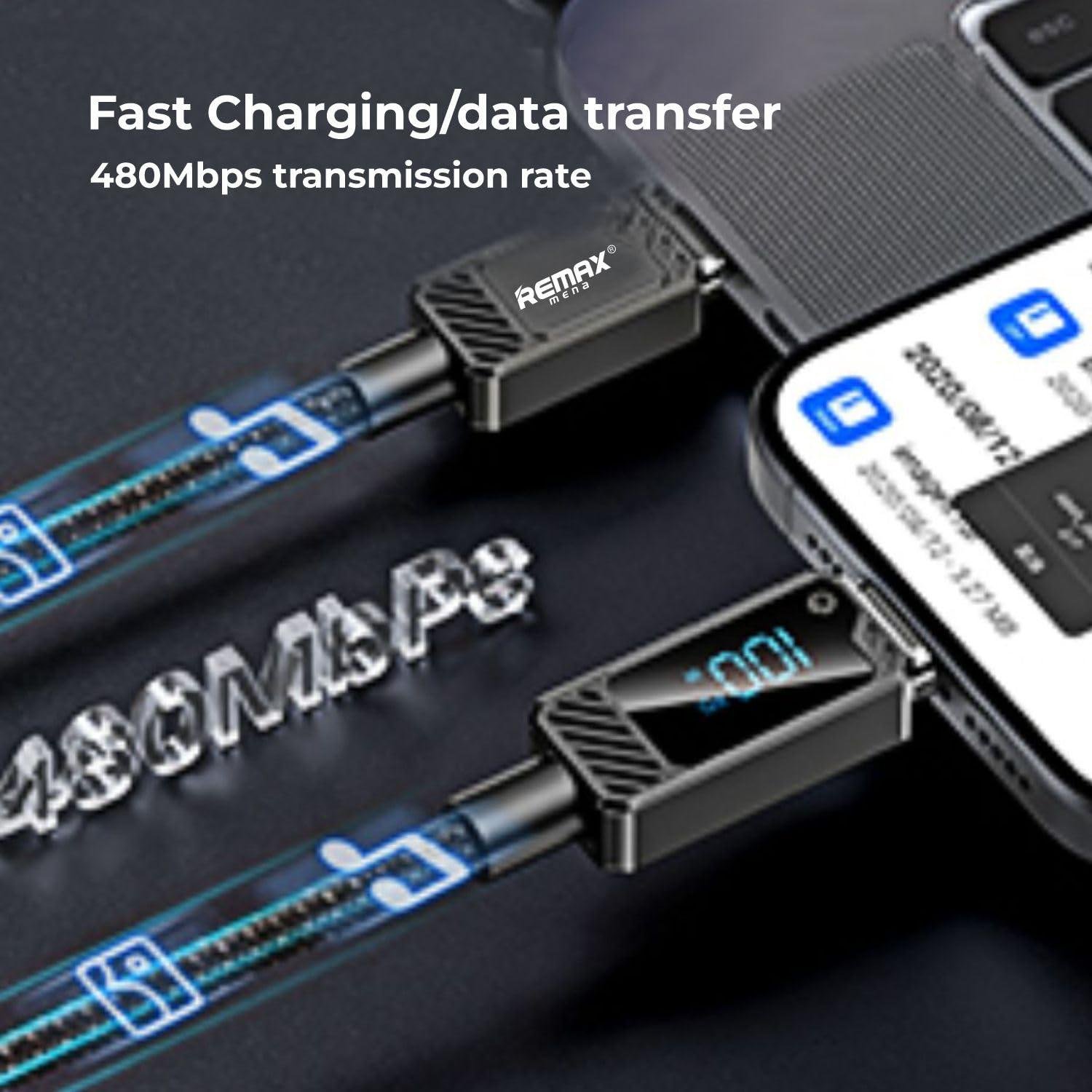 Remax Mena 100W Data Cable With Display (USB-C to Type-C), Fast Charging Zinc-Alloy Braided Elastic Cable with Charging Indicator, Fast Charging + Data Transmission,1.2M Length