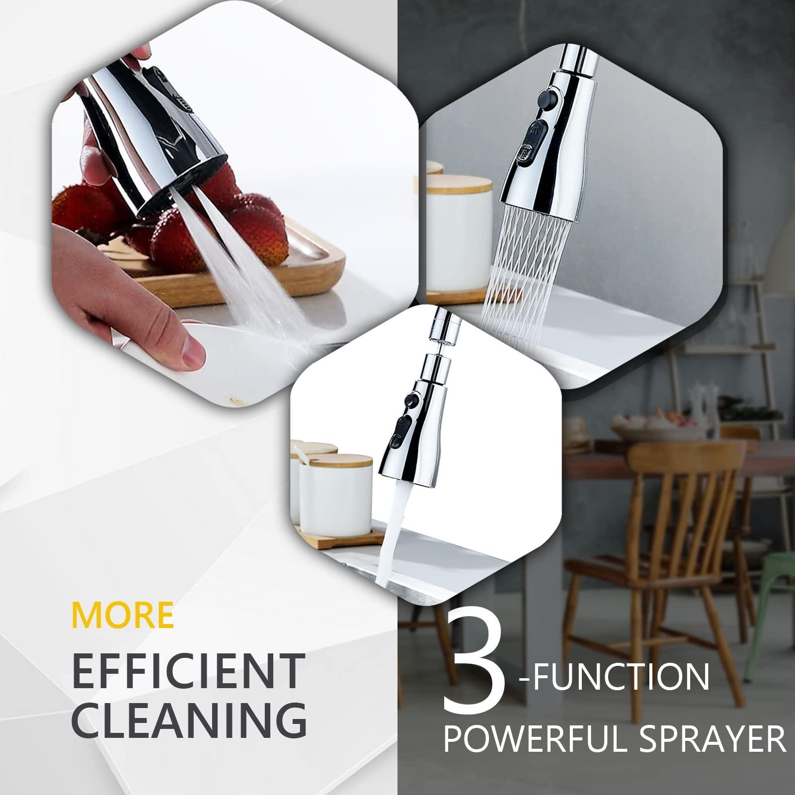 Kitchen Tap Spray Head, 360° Swivel Spout Faucet Extender 3 Modes, High Pressure Water Faucet Sprayer Aerator Attachment, FM22 FM24 G1/2 Kitchen Sink Tap Nozzle Replacement Head with Adapters