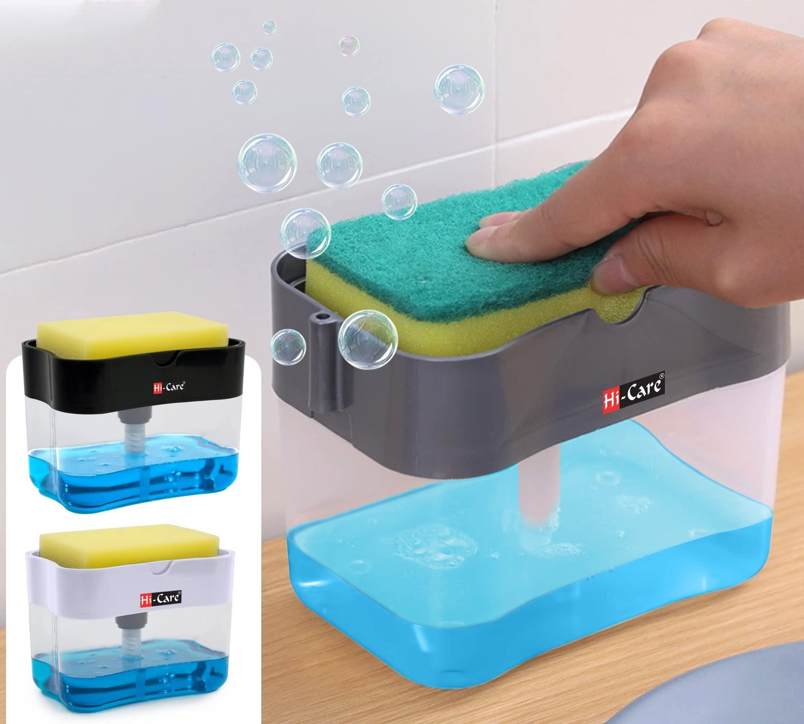 [Pack of 3 pcs] Hi-Care 2-In-1 Soap Pump Dispenser & Sponge Holder Kitchen Sink Washing Soap Dispenser Dishwashing Dispensers with Sponge One-Handed Operation Instant Refill Dish Soap Dispenser