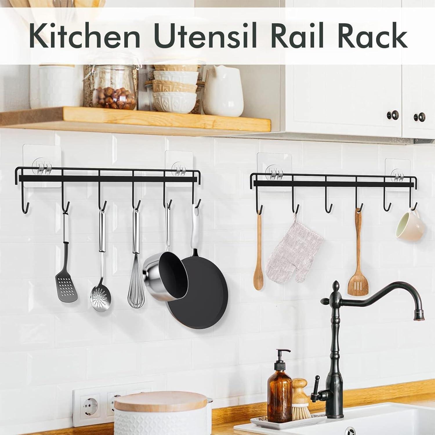 Kitchen Utensil Hooks, Utensil Hangers with 6 Hooks Space Saving No Drilling Waterproof Wall Hook for Kitchen Bathroom Bedroom Black(2 Pack)