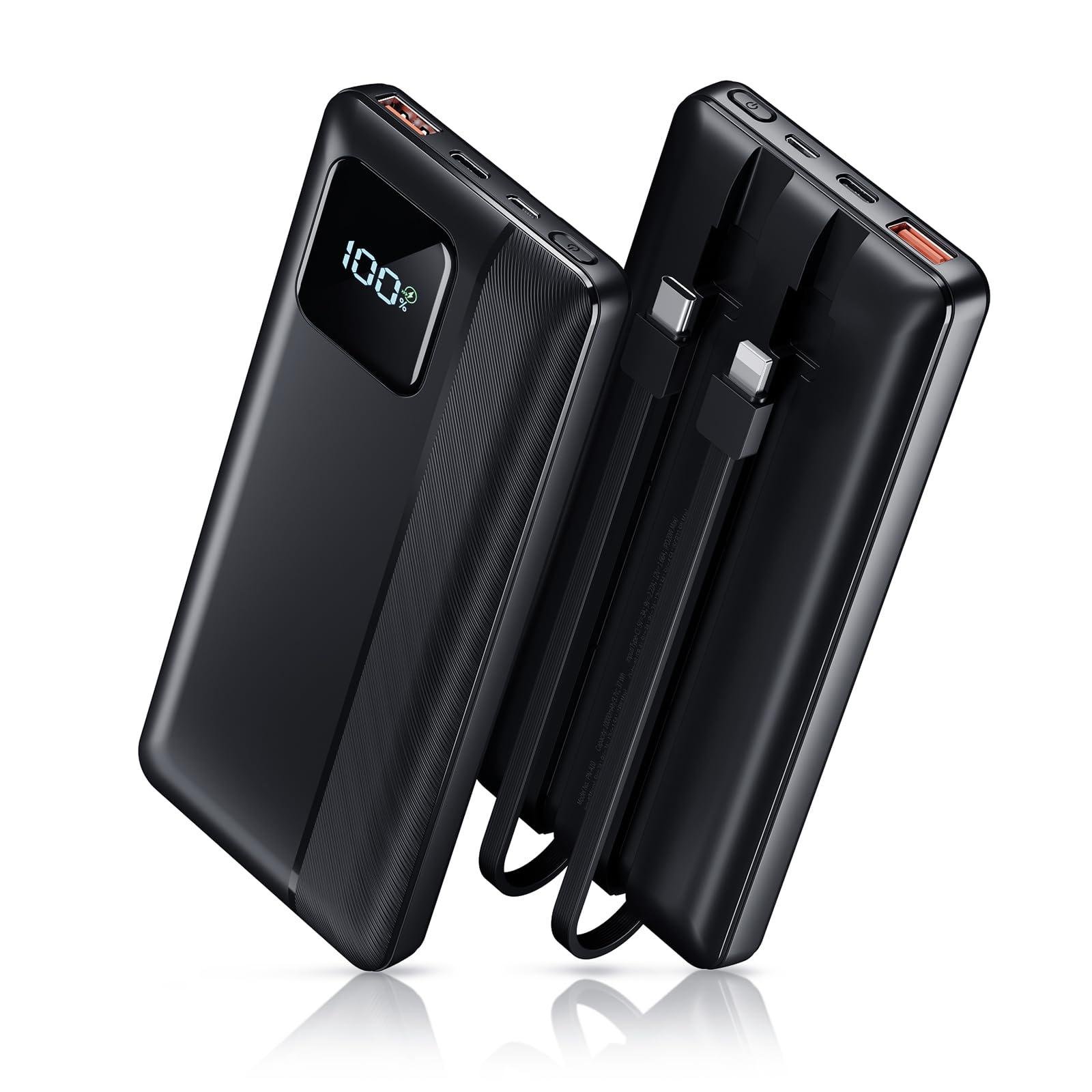 Power Bank Portable Charger 10000mAh 22.5W Fast Charging Mini Powerbank with Built in USB C and IOS Cables, Mobile Phones Battery Pack for iPhone Android iPad Samsung Google Pixel LG