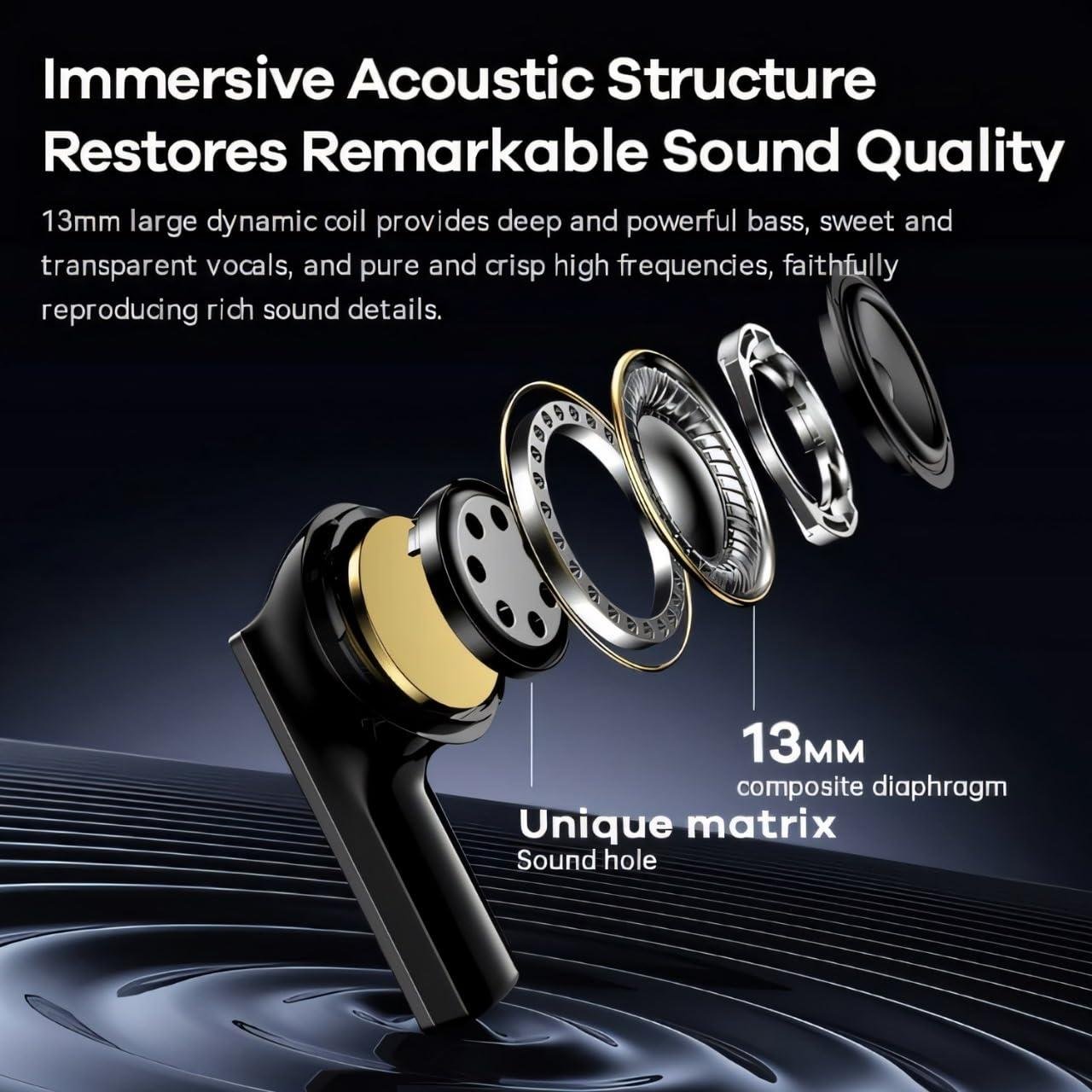Wireless Earbuds Bluetooth V5.3, 13mm Bass, Stereo Sound, 5H Playtime, Fast Charging