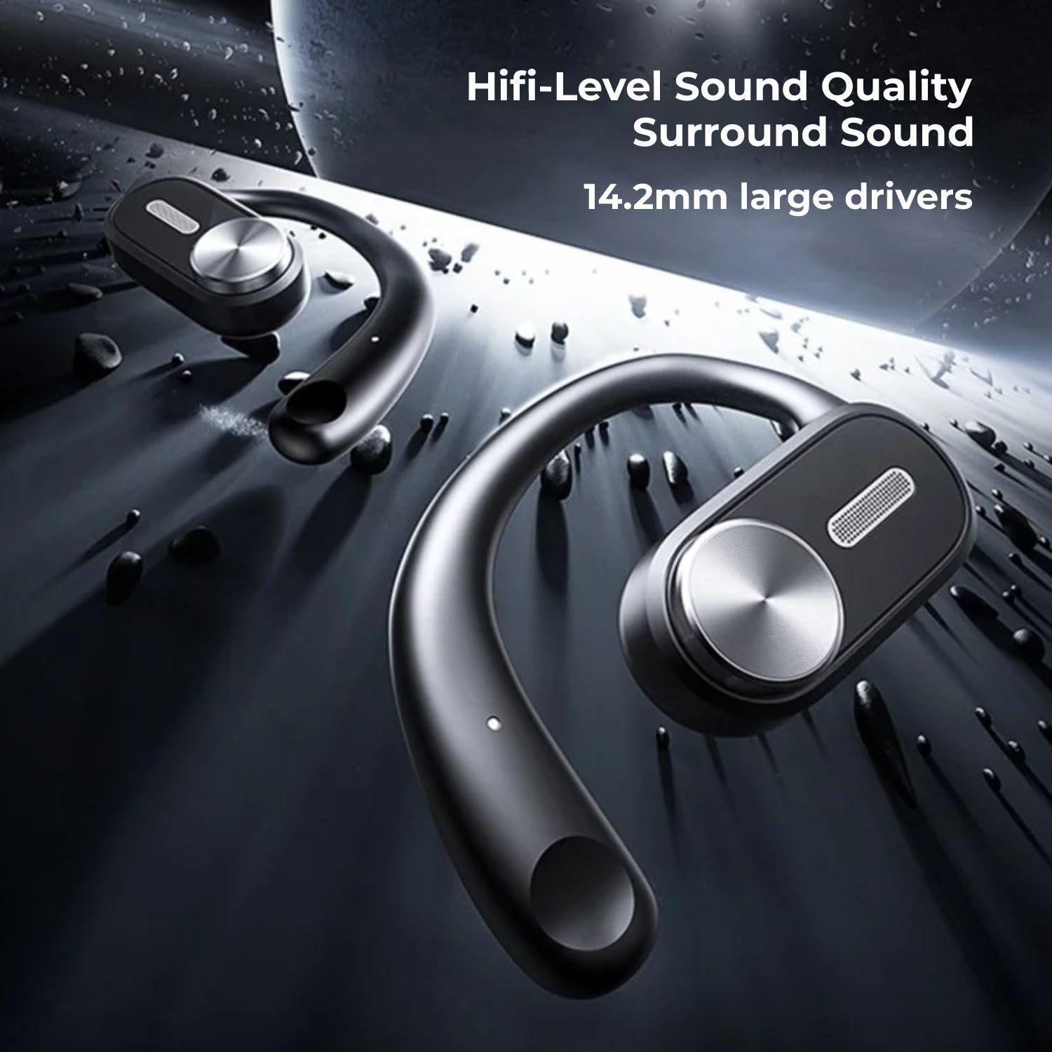 Remax Mena Earbuds Open Buds P3 Bluetooth Series Metal Open-Ear OWS Wireless Earphone With Ear Hook Charging Case Built-in Mic Waterproof Headset, Black