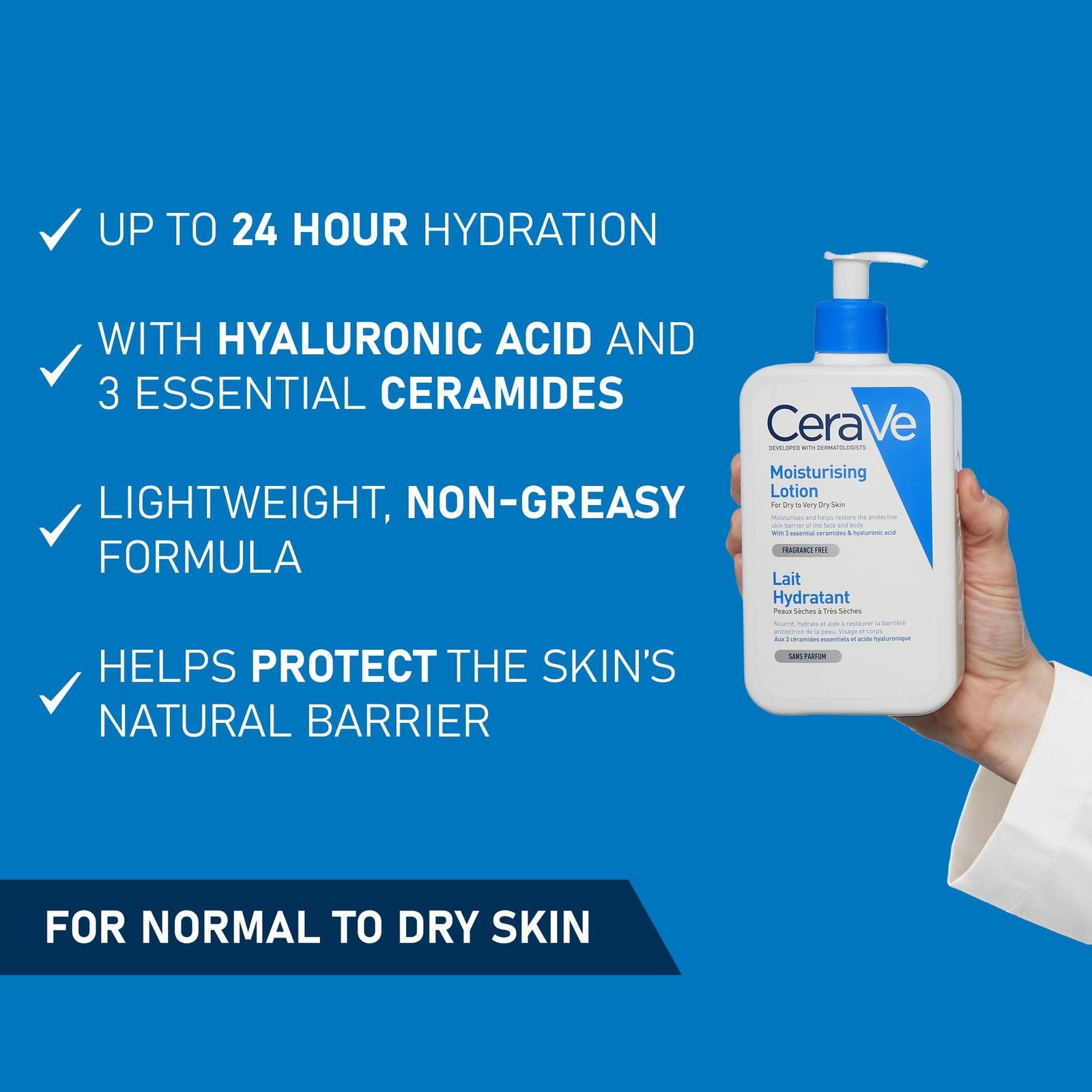 CeraVe Moisturizing Lotion | 24H Body and Face Moisturizer for Normal to Dry Skin with Hyaluronic Acid and Ceramides | Non-comedogenic, oil-free, Fragrance Free | 8Oz, 236 ML