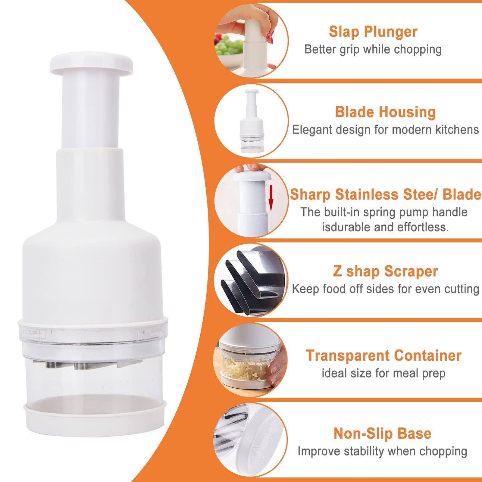 Food Chopper, Manual Vegetable Chopper, Fruit Chopper, Garlic Chopper, Hand Press Chopper for Onion, Garlic, Nut, Manual Food Chopper for Kitchen, Dishwasher Safe (White)