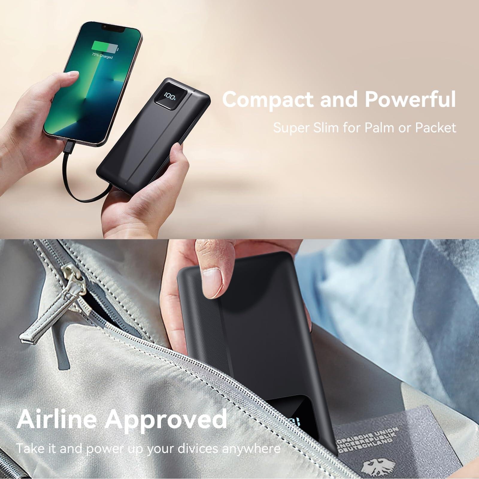 Power Bank Portable Charger 10000mAh 22.5W Fast Charging Mini Powerbank with Built in USB C and IOS Cables, Mobile Phones Battery Pack for iPhone Android iPad Samsung Google Pixel LG