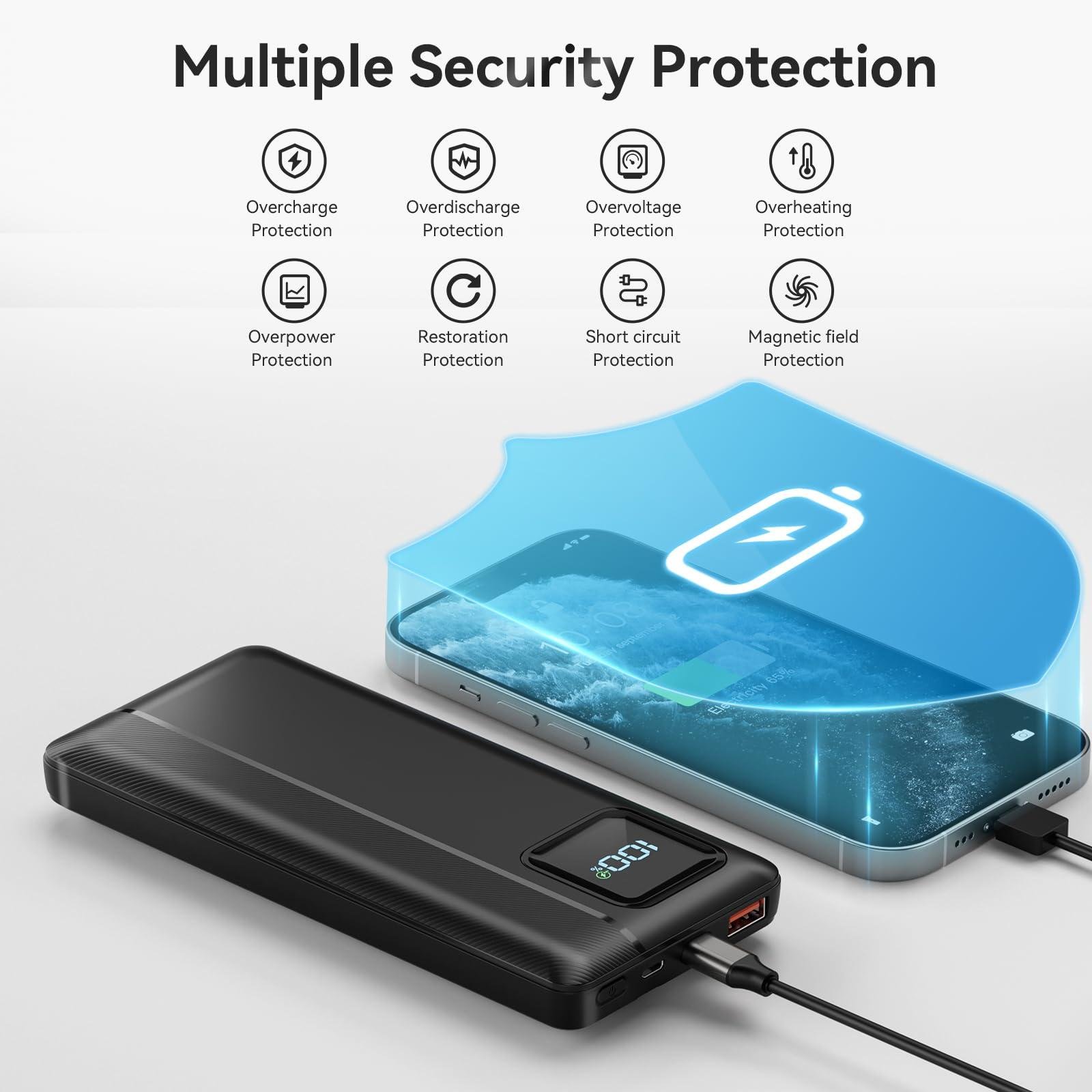 Power Bank Portable Charger 10000mAh 22.5W Fast Charging Mini Powerbank with Built in USB C and IOS Cables, Mobile Phones Battery Pack for iPhone Android iPad Samsung Google Pixel LG
