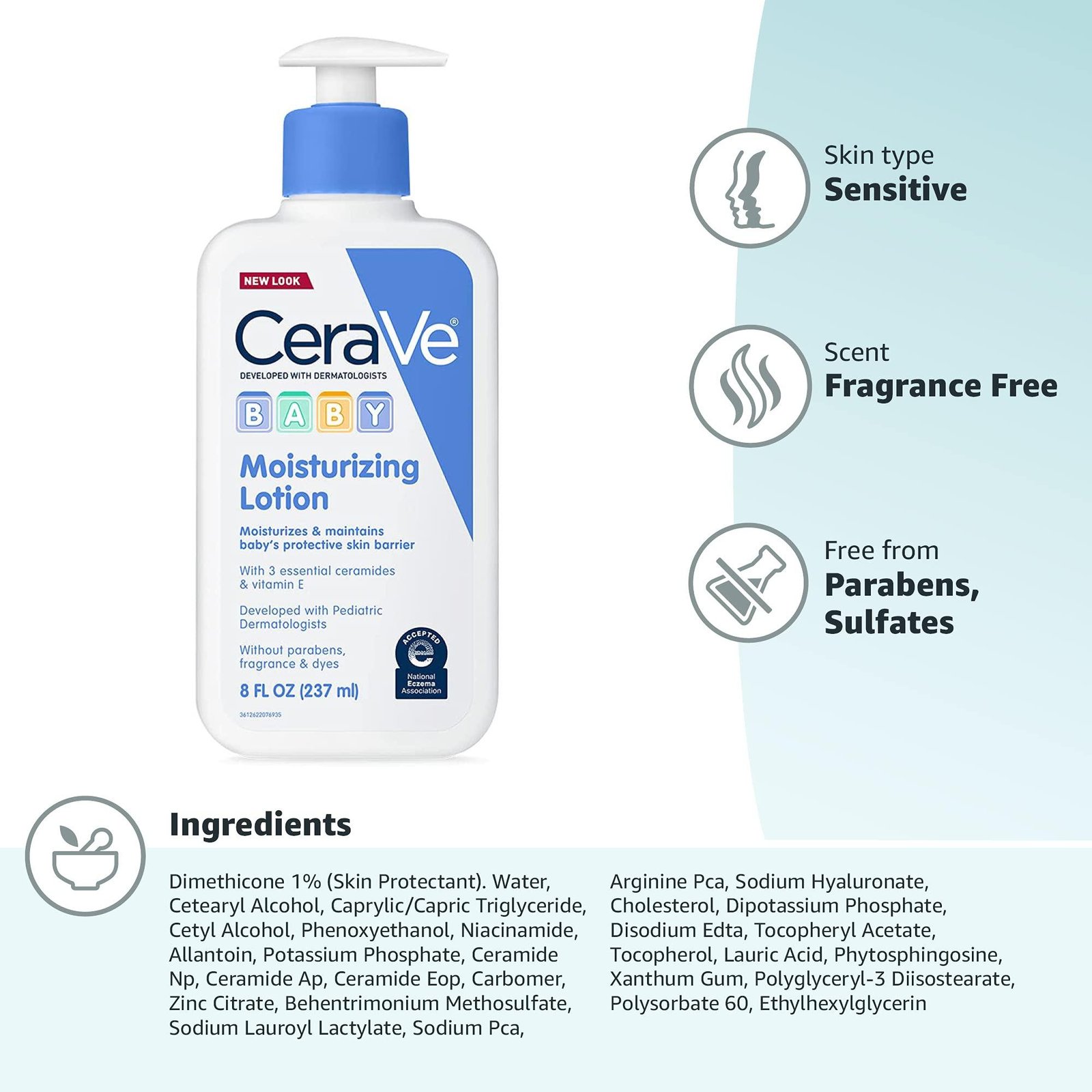 CeraVe Baby Lotion | 8 Ounce | Gentle Baby Skin Care with Hyaluronic Acid | Paraben and Fragrance Free