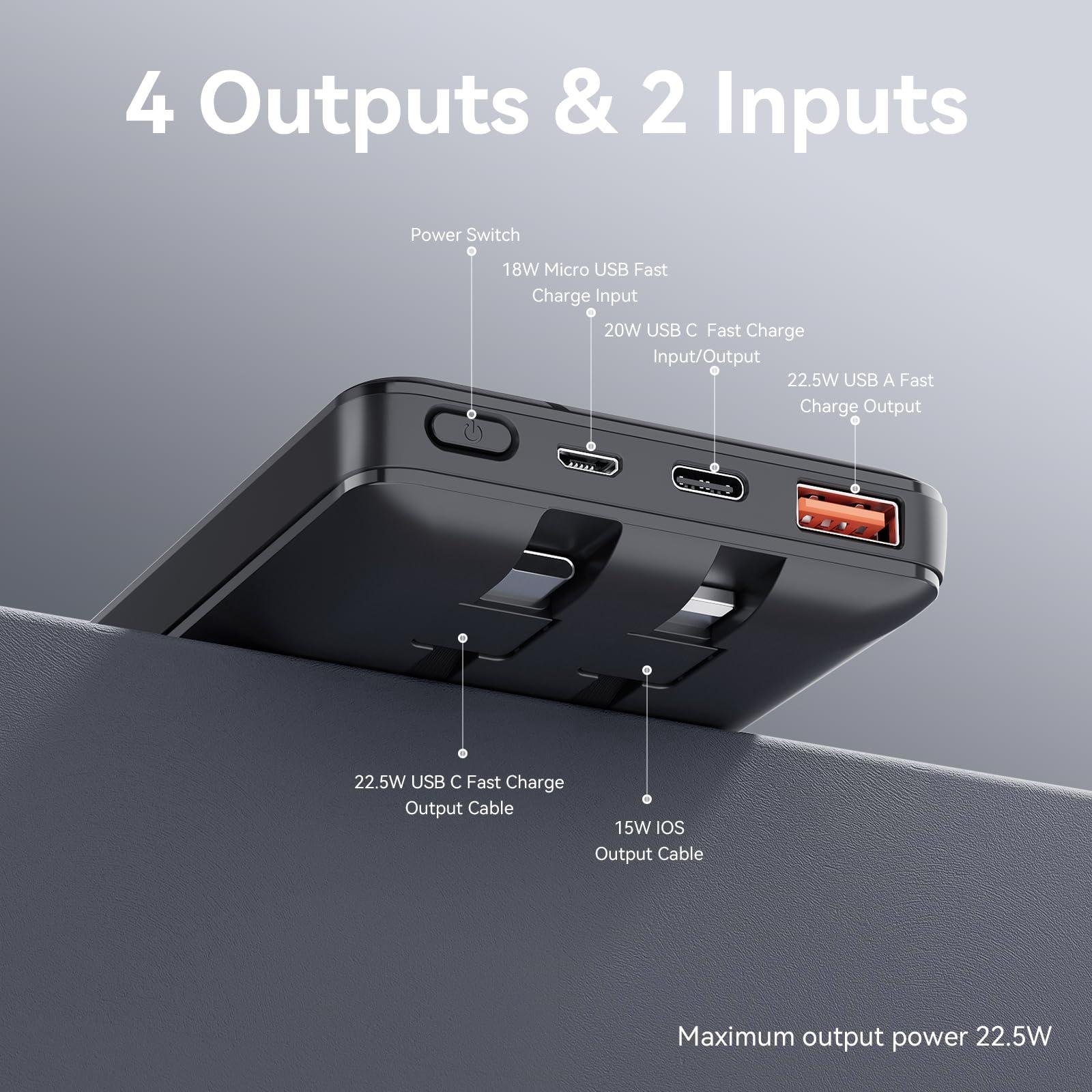 Power Bank Portable Charger 10000mAh 22.5W Fast Charging Mini Powerbank with Built in USB C and IOS Cables, Mobile Phones Battery Pack for iPhone Android iPad Samsung Google Pixel LG